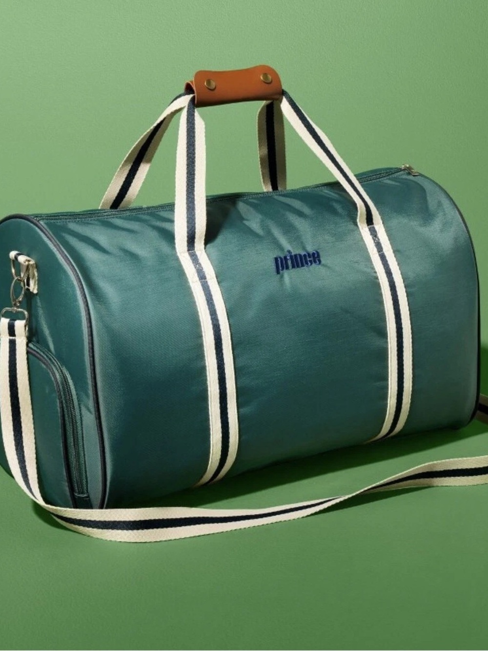 PRINCE PICKEL BALL Green Canvas Weekender Bag with Contrast Straps